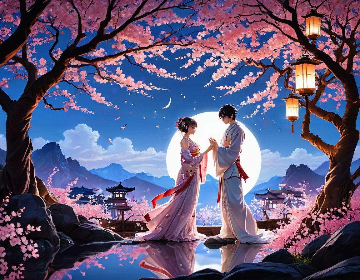 An enchanting scene depicting a vibrant, artistic representation of erotic anime characters in dynamic poses, surrounded by elements symbolizing Japanese culture like cherry blossoms and traditional lanterns. Incorporate a soft, dreamy color palette with an emphasis on sensuality and allure, showcasing both male and female characters in an evocative yet tasteful manner. The background should blend subtly into a fantasy landscape, enhancing the magical atmosphere. vibrant colors. illustration. dreamy style.